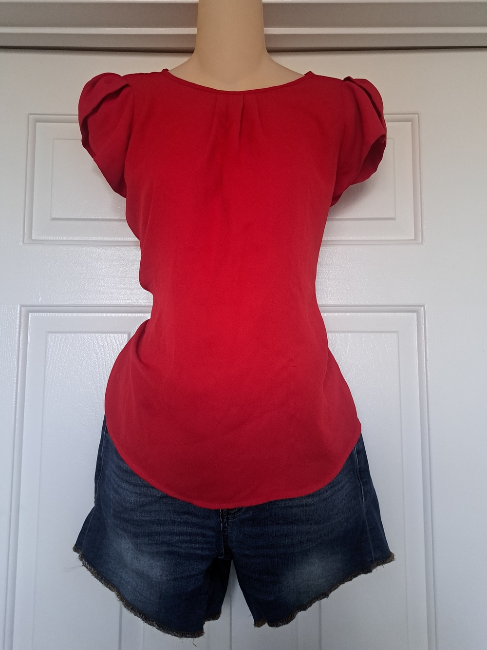 shein red blouse with so high rise denim shorts